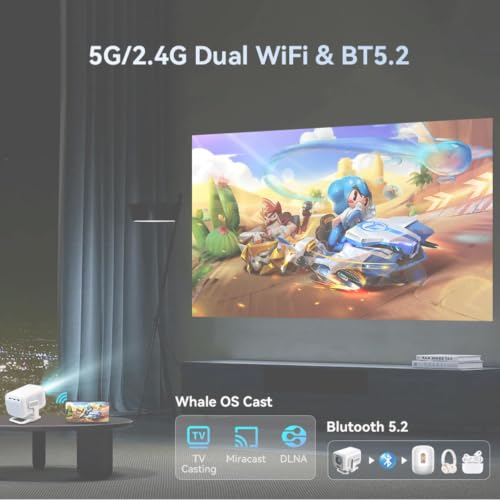 【Built in Streaming Apps & Native 1080P 】Mini Projector with Wifi and Bluetooth, Auto Focus & Keystone, 180° Rotation, Supports Phone/HDMI/USB, Portable 4K Support Projector for Bedroom Outdoor White