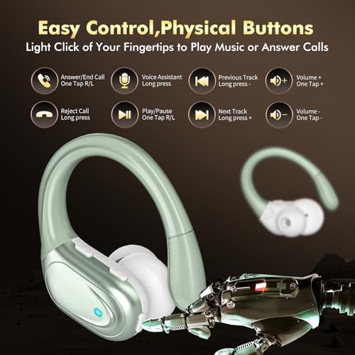 HAOYUYAN Wireless Earbuds, Sports Bluetooth Headphones, 80Hrs Playtime Ear Buds with LED Power Display, Noise Canceling Headset, IPX7 Waterproof Earphones for Workout/Running（Light Green）