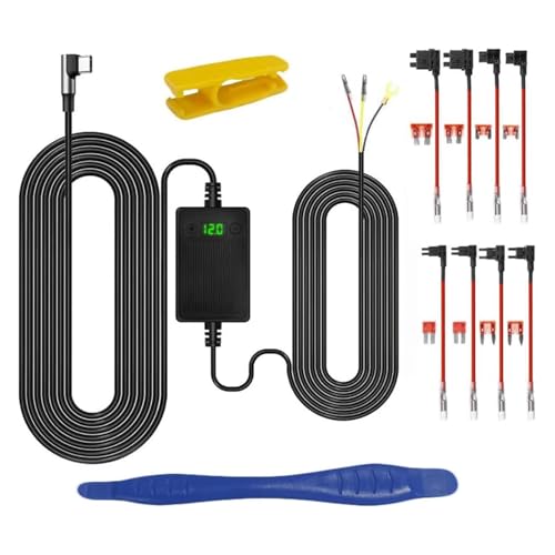 Dash Cam Hardwired Kit, 12V-24V to 5V Adapter Power Cable, 24/7 Parking Mode, with Voltage Display, Acc Detection, 4-Level Low Voltage Protection (11.6V/11.9V/12.2V/12.5V)，for 90% of dashcams