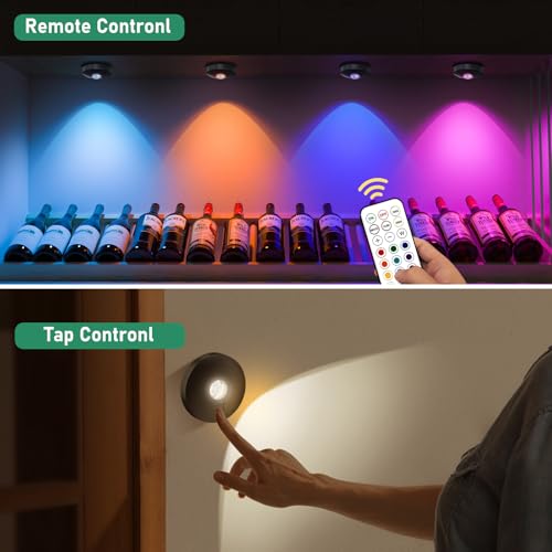 UNUSROOM Rechargeable RGB Puck Lights with Remote Control, Wireless Under Cabinet Lighting,13 Color Changing Lights with Dimmer, Timer,2000mAh Battery Operated Tap Lights for Kitchen