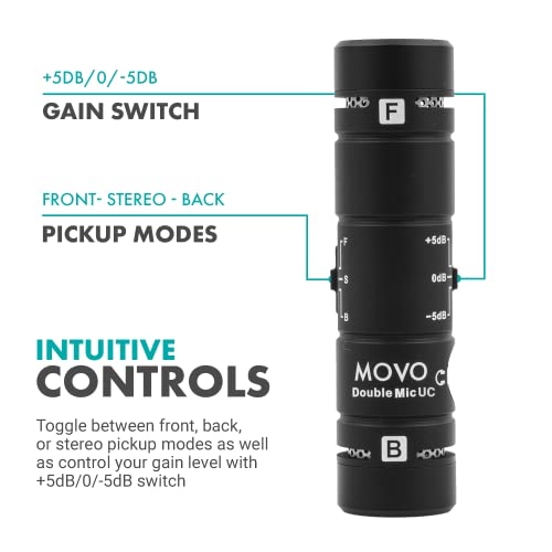 Movo DoubleMic-UC Dual Capsule Phone Microphone for USB-C Devices- Two-Sided Cardioid Condenser Android Shotgun Mic for Video Recording- Professional Microphone for Samsung, iPad Pro, Google Pixel
