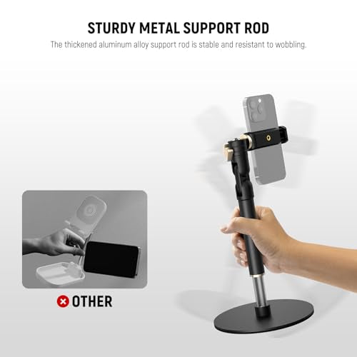 NEEWER Cell Phone Stand for Desk, Adjustable Office Table Phone Holder Mount Compatible with iPhone Samsung for Video Recording Filming, 360° Ball Head, Foldable Arm, Weighted Metal Base, MT010