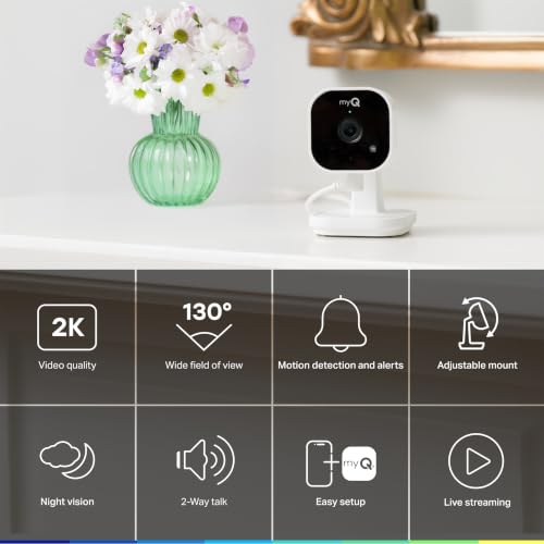 myQ Indoor Plug-in Security Camera Gen 2 – 2K Smart Wi-Fi Camera with Night Vision, Baby and Pet Monitor, Motion Detection and Alerts, 2-Way Audio & App Control