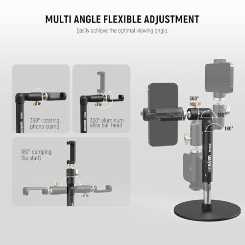 NEEWER Cell Phone Stand for Desk, Adjustable Office Table Phone Holder Mount Compatible with iPhone Samsung for Video Recording Filming, 360° Ball Head, Foldable Arm, Weighted Metal Base, MT010