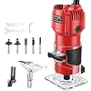 Wood Router Tool, 800W Compact Palm Router for Woodworking, 6-Speed Electric Hand Trimmer, 15000-32000 RPM, 1/4" Collets, 5-Pc Router Bits, Guides & Dust Hood