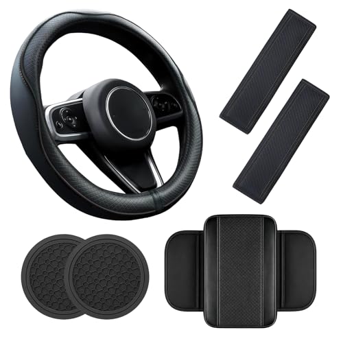 6 PCS Car Accessories Set, 14.5-15 Inch Car Steering Wheel Cover, Armrest Cover, Seat Belt Cushion, Cup Coaster, Interior Auto Accessories for Men Women, Fit for Most Vehicles (Black)