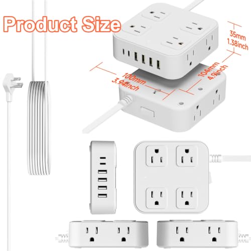 Power Strip with Surge Protector, 3 Side, 8 AC 6 USB Ports Flat Plug Switch