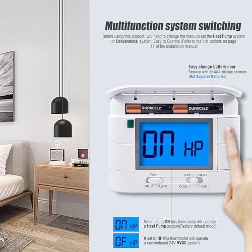 Thermostat Non Programmable Heat Pump Thermostat for House 2H/1C, with Large LCD Display of Room Temperature and Humidity