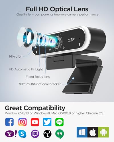 Webcam 4K with Microphone & Privacy Cover for PC/Laptop, USB Computer Camera Plug & Play with Auto Light Correction for Video Calls, Live Streaming Gaming & Online Meetings