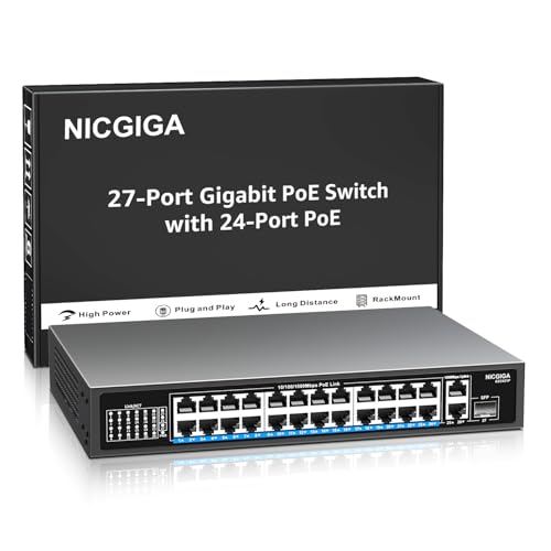 NICGIGA 24-Port Gigabit PoE Switch with 24 PoE+@300W, 2 Gigabit Uplink Ports, 1 SFP, Sturdy Metal for Desktop/Rack Mount, Plug and Play, Unmanaged Power Over Ethernet Switch