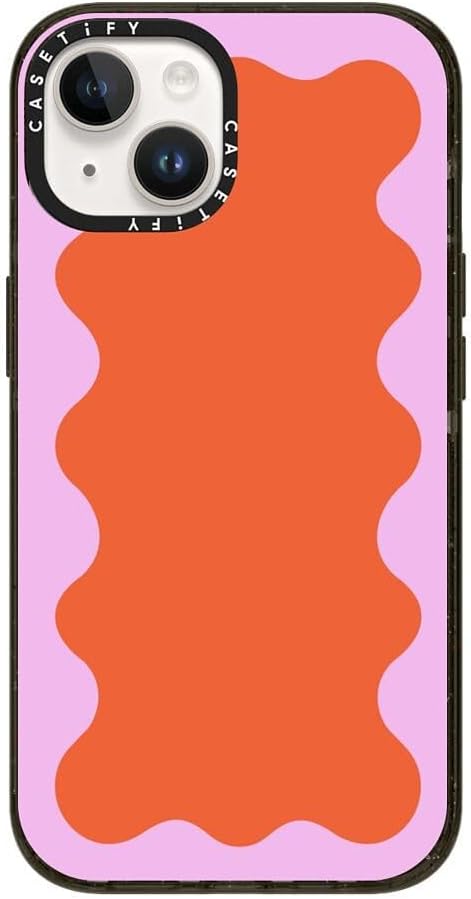 CASETiFY Impact Case for iPhone 14 [Slim / 8.2 ft. 4X Military Grade Drop Protection/Wireless Charging Compatible] - Pink Wavy Border on Orange - Clear Black