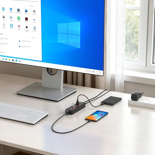 Powered USB Hub 3.2, atolla 8-Port USB 3.2/USB C Hub, Powered USB C Hub with 7 USB-A 10Gbps ports +1 Smart Charging port, Individual On/Off Switches, LEDs, 20W Power Adapter for PC - Image 8