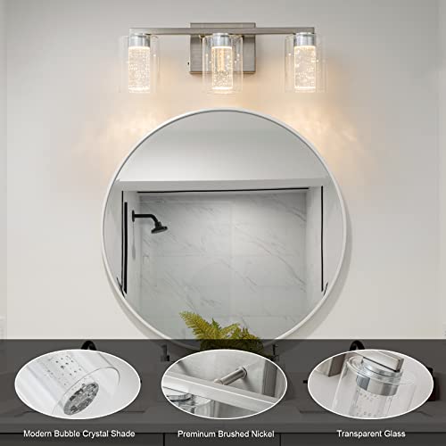SineRise 3-Light Brushed Nickel Vanity Light with 3 Color Modes (3000K/4000K/6000K), Eye Protection LED Bathroom Light Fixture, Dimmable Modern Wall Light Over Mirror with Clear Glass Shade