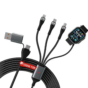 100w 10ft 4-in-1 Multi Charging Cable for Apple Watch - Braided Long Fast Charger Cord with Magnetic Apple Watch Charger, USB-C, Lightning & Micro USB for iWatch, iPhone, iPad, Android, Tablet, Laptop - Image 1