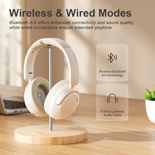 LORELEI Q30 Bluetooth Headphones Over Ear,60H Playtime & 3 EQ Music Modes,BT6.0 Headphones Wireless with Mic,Foldable Lightweight Headsets,HiFi Stereo Deep Bass for Home Travel iPad Tablet-Beige White