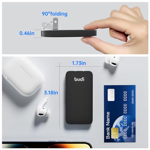 BUDI 17W Extra Slim Portable Wall Charger 2-Port USB-A Charger Foldable Wall Plug Compatible with Home Camera, iPhone IPad Samsung Galaxy(Black USB-A)
