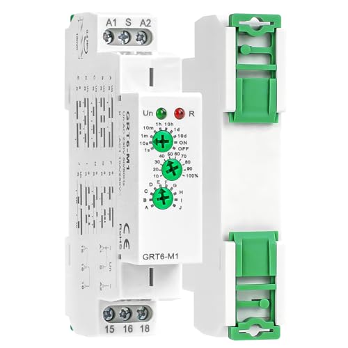 Multifunction Time Delay Relays AC DC 24V-240 Volt, 10A Mini Adjustable Timer Switch ON Off GRT6-M1, with 10 Electrical Timers Relay Control Delay Function for 1 Minute to 10 Days, DIN Rail Mount