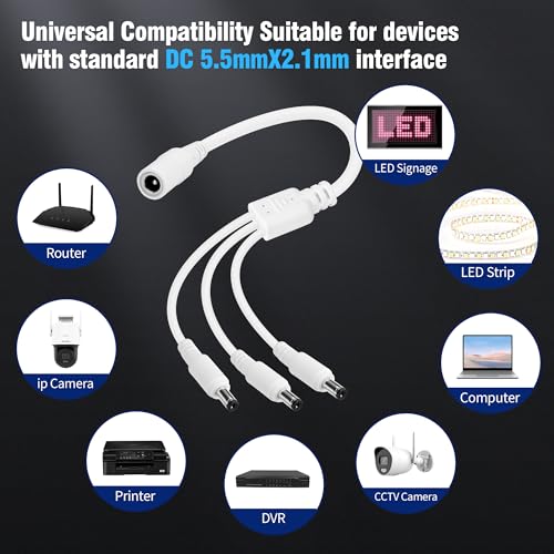 12V DC Power 1-in-3 Out Y-Adapter Splitter Cable 1.5 Feet (2-Pack), 5.5 mm x 2.1 mm DC 1 (Female) to 3 (Male) Y Splitter Supply Adapter Wire,3 Way Y-Cable for CCTV Security Camera, LED Strip, Router