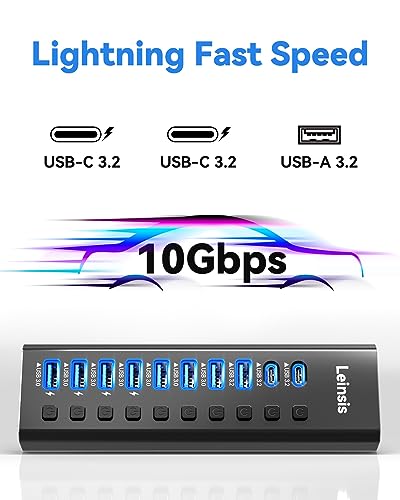 Powered USB Hub 3.2, LEINSIS 10-Port USB 3.2/USB C Hub (10Gbps USB-A 3.2 +2 USB-C 3.2 +7 USB 3.0 Ports) with Individual On/Off Switches and 12V Power Adapter, Aluminum USB Hub Powe - Image 4