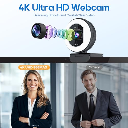 4K Webcam with Ring Light & Built-in Microphone for PC Streaming