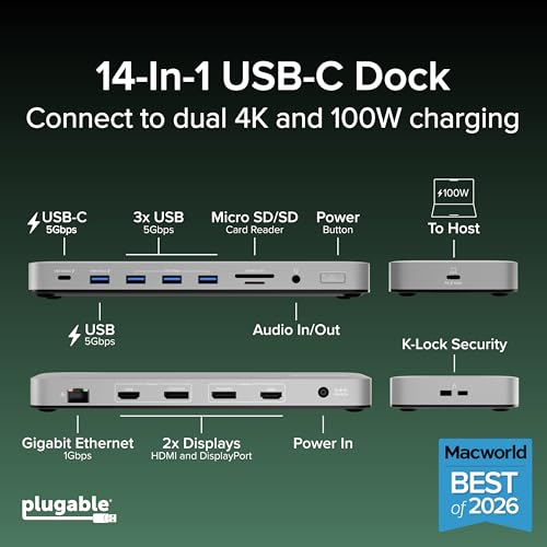 Plugable USB C Docking Station, Dual Monitor 4K 60Hz 2X HDMI or DisplayPort