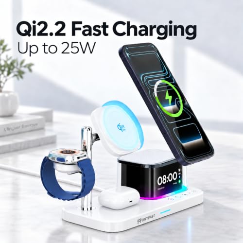 Qi2.2 25W Magnetic Wireless Charging Station, 5-in-1 Charger Stand with Bluetooth Speaker, Alarm Clock & Night Light for iPhone 12–17, Apple Watch, AirPods, Galaxy & Pixel (Qi)