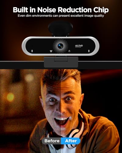 Webcam 4K with Microphone & Privacy Cover for PC/Laptop, USB Computer Camera Plug & Play with Auto Light Correction for Video Calls, Live Streaming Gaming & Online Meetings