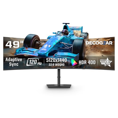 Deco Gear 49 Inch Curved Monitor, 5K2K Ultrawide WDQHD Screen 5120×1440, R1500, HDR400, 120Hz, 32:9 VA Panel, USB-C 65W PD, Adaptive Sync, PBP/PIP, KVM Switch, Built-in Speakers & Ergonomic Stand