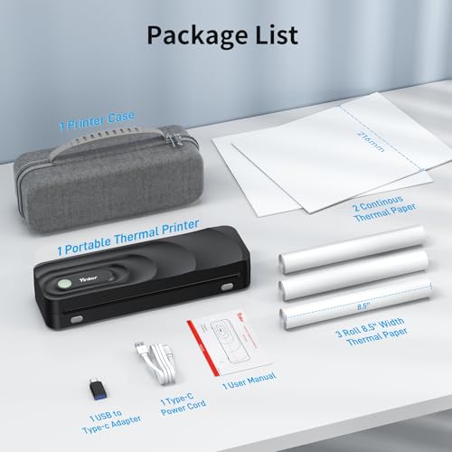 Portable A4 Thermal Printer | 3 Rolls Thermal Paper & 2 Folding Papers Included | Inkless Bluetooth Printer w/Carry Case, Supports 8.5"x11" US Letter, Cellphone APP Compatible for Travel