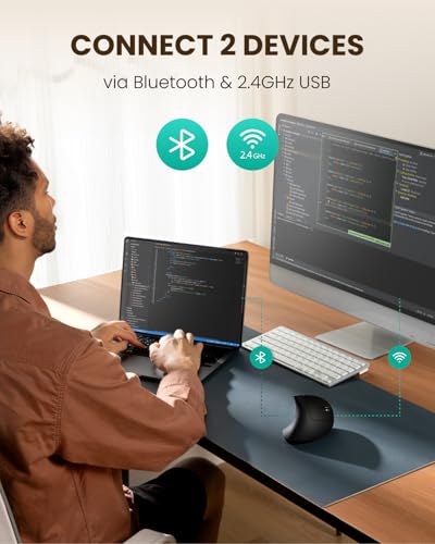 POJTK Wireless Rechargeable Ergonomic Mouse, Bluetooth+USB A+Type C(3 in 1) Connection, Up to 4800 DPI, 6 Silent Buttons, 2.4GHz Carpal Tunnel Vertical Mice, for Desktop,Laptop,MacBook-Black-Upgraded - Image 5