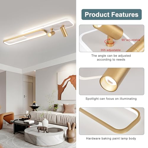 EIDISUNY Modern LED Ceiling Light Remote Control, 39.3in Linear Ceiling Light with 2 Adjustable Spotlights 65W, Dimmable 3CCT, Gold Long Ceiling Light Fixture for Bedroom Kitchen Living Room