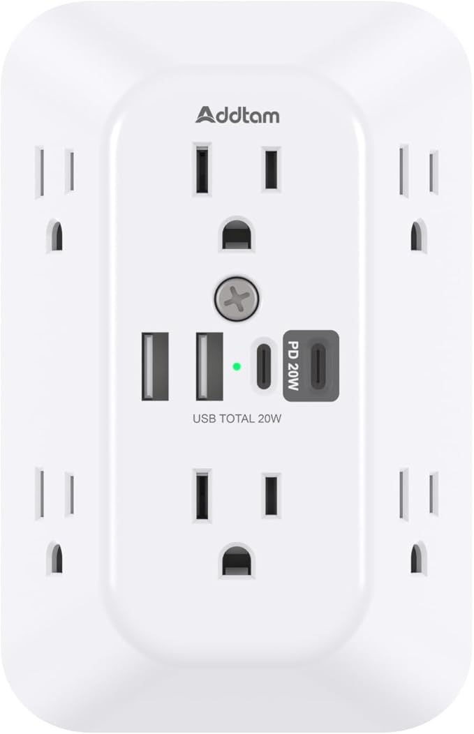 Addtam Surge Protector Outlet Extender, 6-Outlet Splitter with 4 USB Wall Charger(PD 20W), Multi Plug Wall Outlet 1800J Power Strip for Home Office Dorm Room Essentials, White