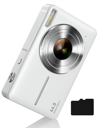 Digital Camera 1080P with 32G Card 16X Zoom & Flash Compact for Kid, White