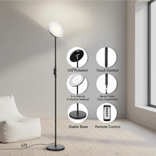 JOOFO LED Torchiere Floor Lamp with Remote, Stepless Dimmable Black