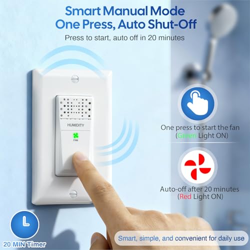 Humidity Sensor Switch for Bathroom Fan with Wall Plate, Automatic On/Off Control, Single Pole, 120VAC 60Hz, 20-Min Delay Timer, Quiet Energy-Saving Moisture Sensor Switch for Laundry ETL Certified