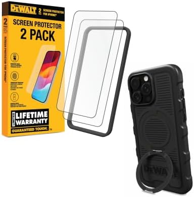 DEWALT Phone Case & Screen Protector Bundle for iPhone 16 – 360° Rotatable Magnetic Ring Stand + 2-Pack Tempered Glass for Ultimate Protection
