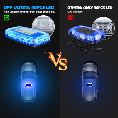 Rechargeable Strobe Light Blue Wireless Battery, 17 Flashing Mode, High Low Brightness, 48pcs Led, Beacon Roof Top Hazard Flash Warning Lights for Vehicles Trucks Snow Plow Postal Mail UTV, 1PC Pack