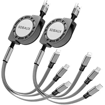 SDBAUX Multi USB Charger Cable Retractable 3 in 1 Multiple Charging Cord Adapter with Mini Type C Micro USB Port Connectors Compatible Cell Phones Tablets Universal Use(2Pack /Gray)