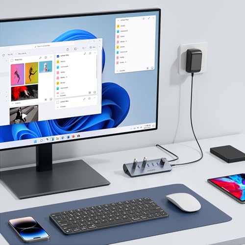 Powered USB Hub, JESWO 7-Port USB 3.0 Hub, Aluminum USB Data Hub with 3.3ft Cable, USB Hub 3.0 Powered with 5V/4A Power Adapter for MacBook, Notebook PC, USB-Flash Drives, Mobile HDD and More (Grey)