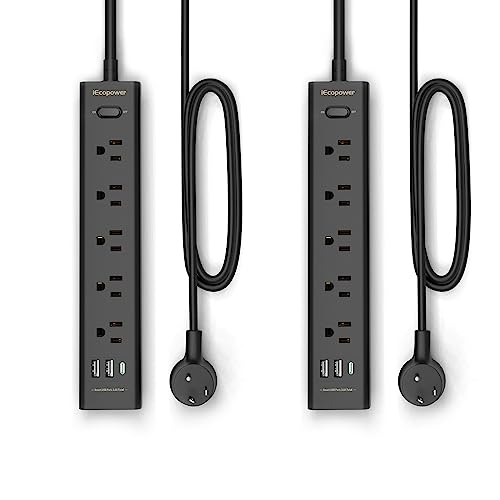 10FT Long Surge Protector Power Strip-with 5 Widely Outlets and 3 USB Ports(1 USB C Port),10 Foot Extension Cord(1250W/10A),Wall Mount for Home Office,700 J,Black(2 Pack)