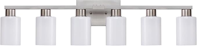 6-Light Bathroom Vanity Light, Brushed Nickel Fixture with Milky White Frosted Glass Shades, Large Over-Mirror Lighting for Bathroom, Modern Vanity Lights