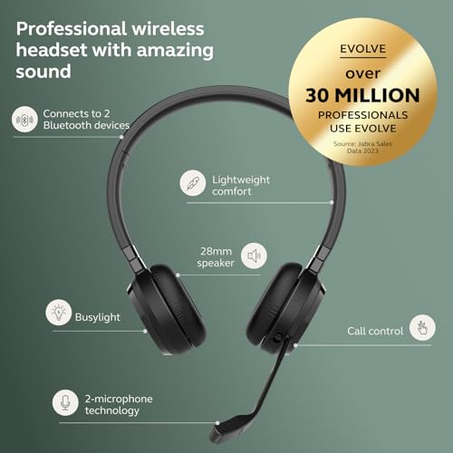Jabra Evolve 65 TE (Third Edition) Wireless Headphones - Noise-Canceling Mic, 16 hrs Battery Life, Connectivity, Works with All UC Platforms Like Zoom & Google Meet, Black