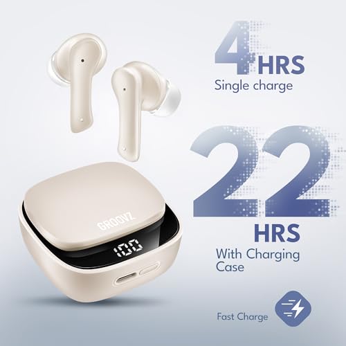 Groovz True Wireless Earbuds with Charging Case - Designed and Engineered in The USA - IPx4 Water Resistant Bluetooth Earbuds Compatible with Apple and Android - 27Hrs Battery Life - Ivory