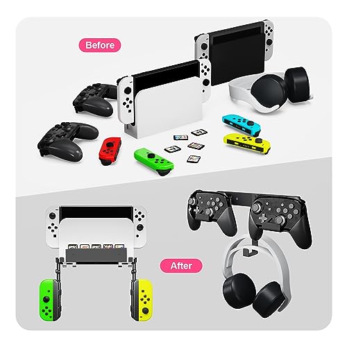 EJGAME Wall Mount Bracket Compatible with Nintendo Switch/OLED,Metal Wall Mount Kit Shelf Stand Accessories with Hooks for Hanging Headphone and Joy-Cons, Dual Controller Holder (Black)