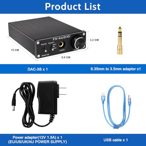 FX-Audio DAC-X6 Mini HiFi 2.0 Digital Audio Decoder DAC Input USB/Coaxial/Optical Output RCA/Headphone Amp 24Bit/96KHz DC12V(Silver)