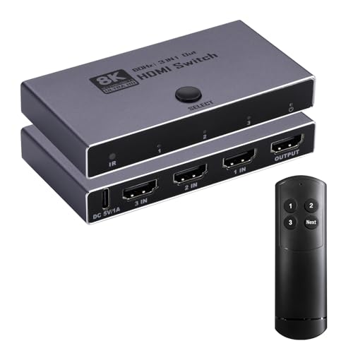 8K@60Hz HDMI 2.1 Switch 3 in 1 Out, HDMI Switcher with Remote, CEC, VRR
