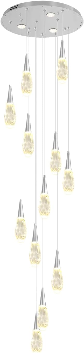 H118 Chandeliers for High Ceiling Chrome Modern Crystal Pendant Light 12-Lights Crystal Raindrop Chandelier for Living Room Staircase Villa