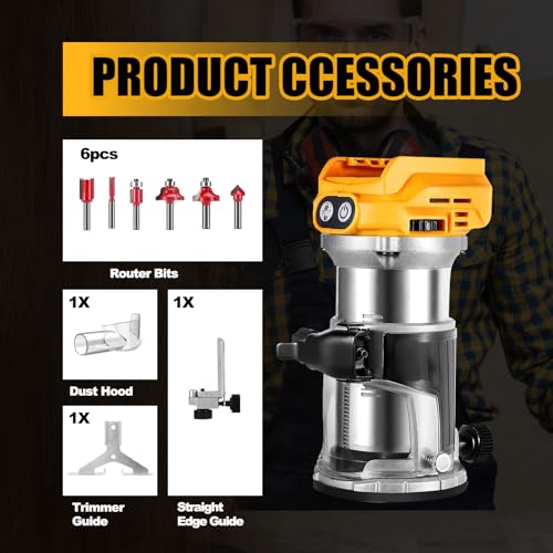 Cordless Compact Router compatible with Dewalt 20V Battery,6 Speeds 800W 30,000 RPM Brushless Router for Woodworking with Router Bits,Edge & Roller Guide,Dust Hood