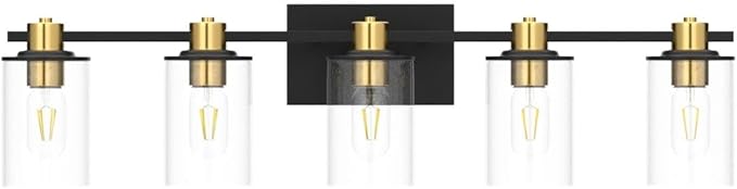 5 Light Bathroom Vanity Light, Black and Gold Bathroom Light Fixtures, Sconces Wall Lighting with Clear Glass Shade, Modern Brushed Gold Vanity Lighting fixtures for Bathroom, Bedroom, Hallway