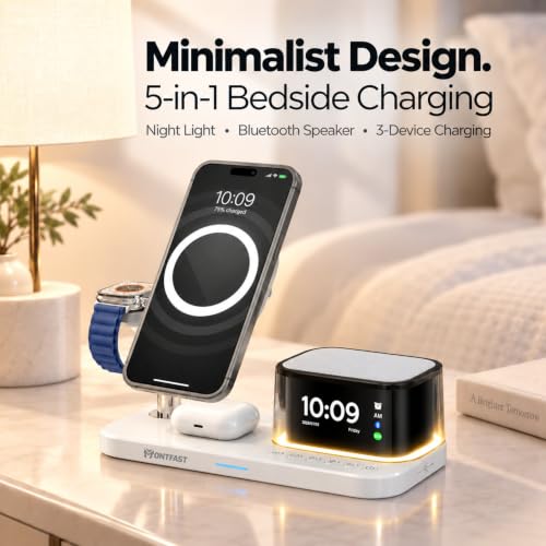 Qi2.2 25W Magnetic Wireless Charging Station, 5-in-1 Charger Stand with Bluetooth Speaker, Alarm Clock & Night Light for iPhone 12–17, Apple Watch, AirPods, Galaxy & Pixel (Qi)